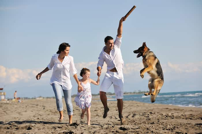 Spanische Familie mit ihrem Hund am Strand